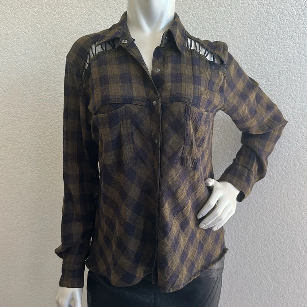 Free People Lace Up Plaid Navy Combo